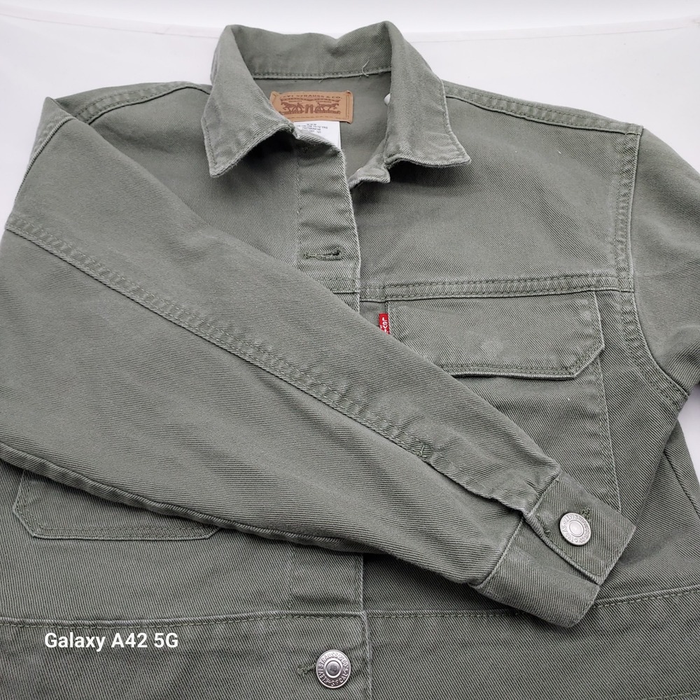 Levis Girls Olive Green Denim Trucker‎ Jacket Cropped Size M 10-12 Utility Coat